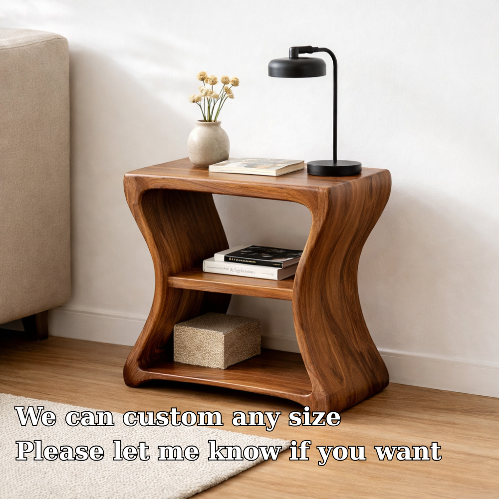 Solid Wood Curved End Table with Shelf – Natural Wooden Side Table for Living Room