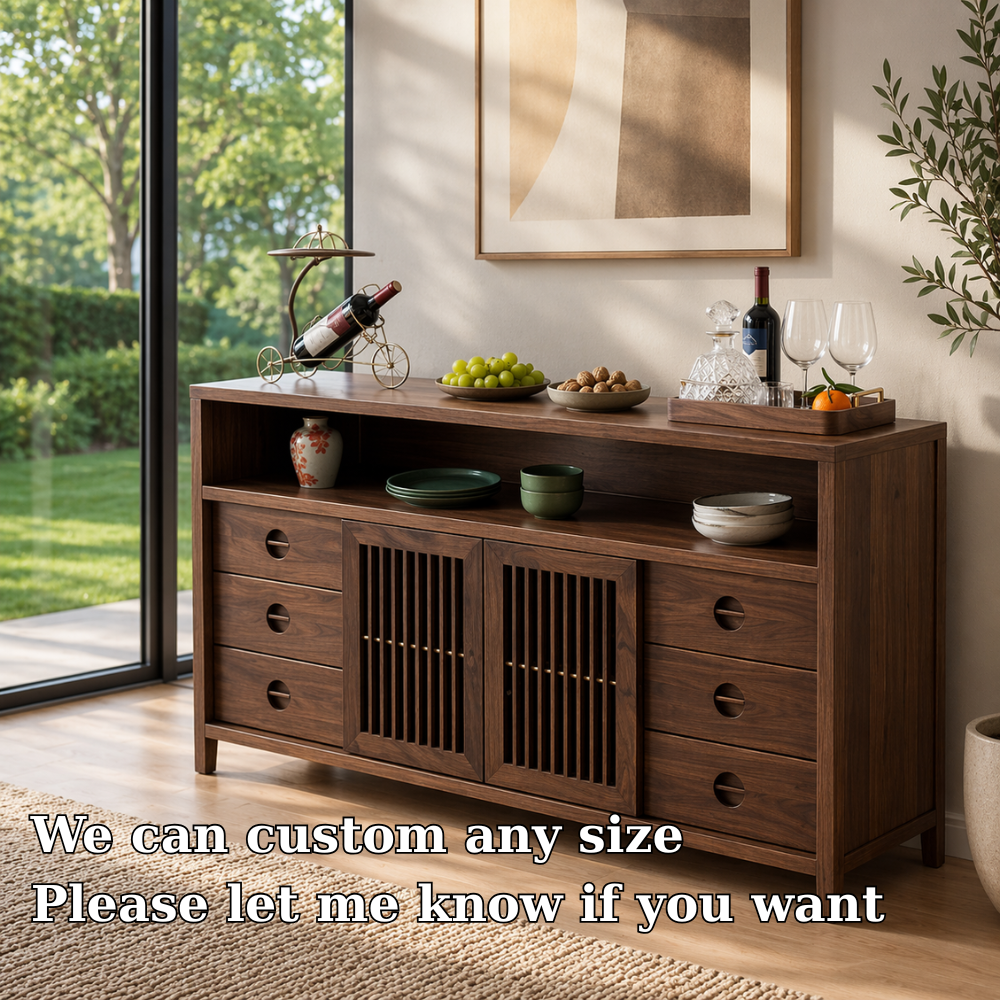 Solid Wood Console Sideboard with Slatted Doors – Modern Walnut Storage Cabinet