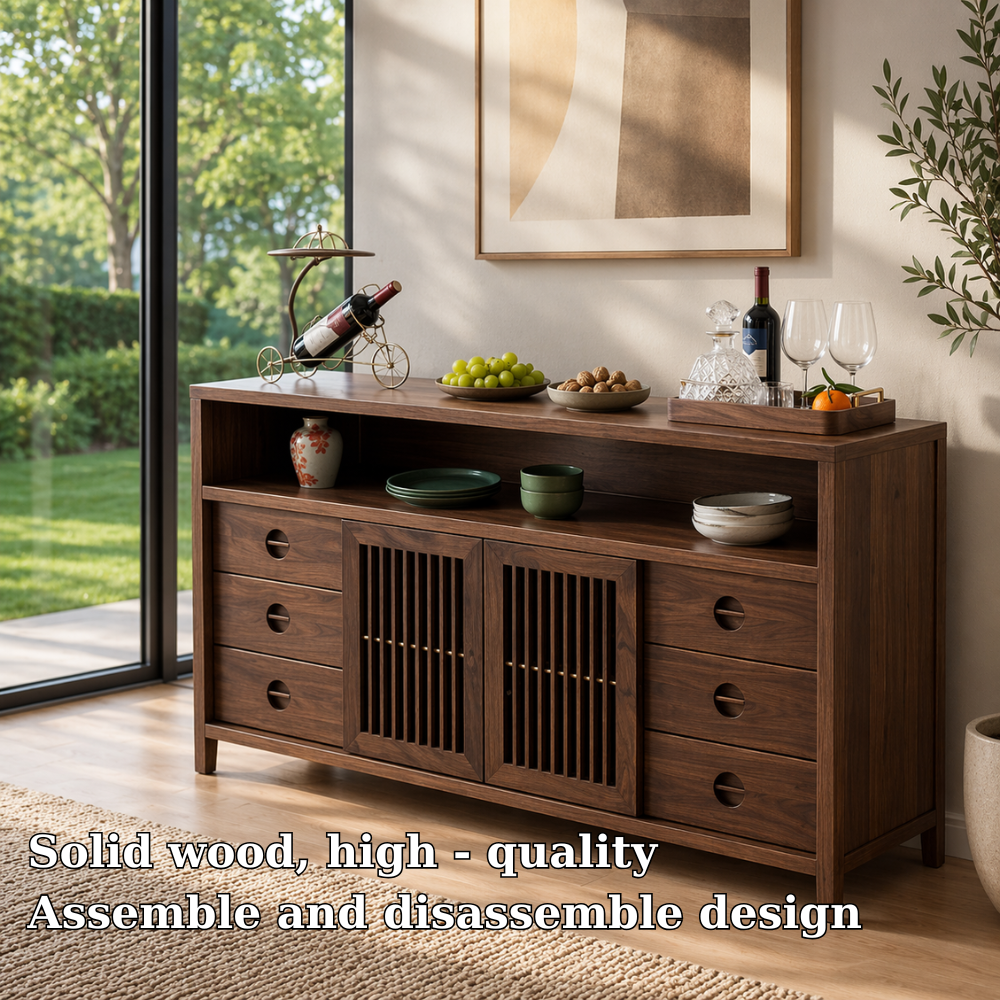 Solid Wood Console Sideboard with Slatted Doors – Modern Walnut Storage Cabinet