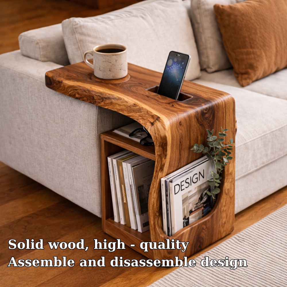 Solid Wood Sofa Armrest Table with Phone Holder – Couch Arm Tray with Storage