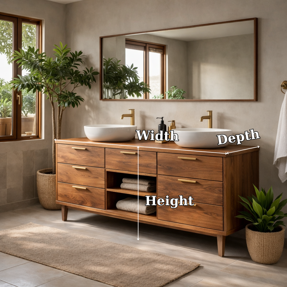 Solid Wood Double Bathroom Vanity with Drawers and Center Open Shelf Storage