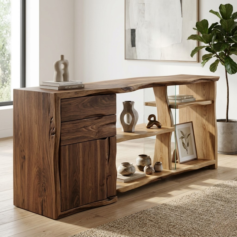 Live Edge Solid Wood Console Cabinet - Modern Rustic Sideboard with Glass Shelving