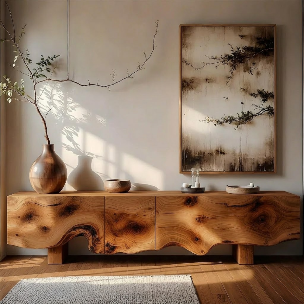 Solid Wood Media Console with Live Edge, Modern Rustic TV Stand Cabinet with Storage