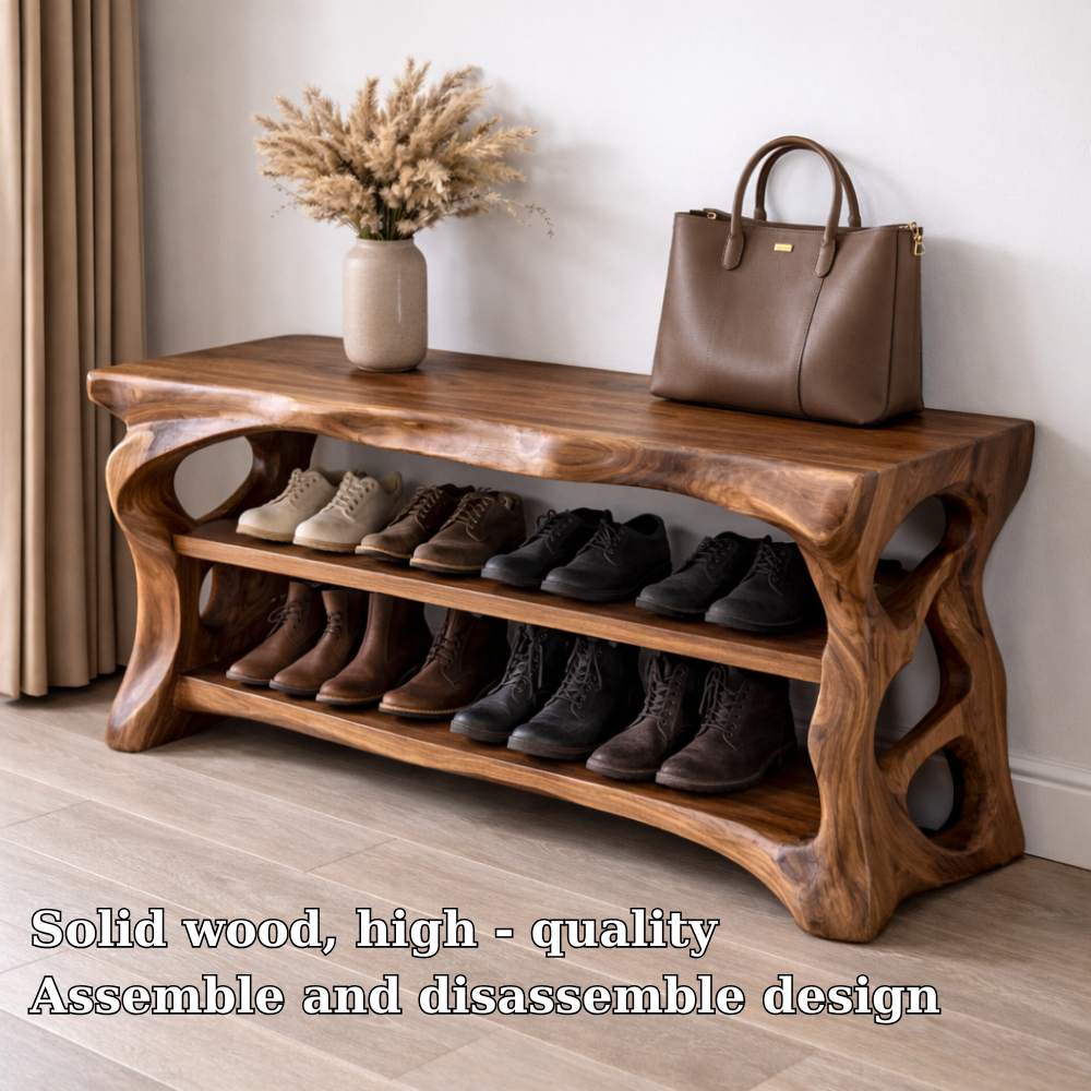 Solid Wood Entryway Bench with Shoe Storage Shelf – Rustic Natural Wood Shoe Rack