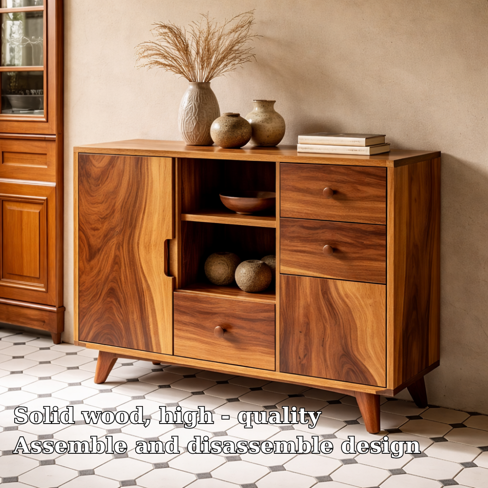 Solid Wood Console Cabinet | Mid-Century Modern Storage with Open Shelves