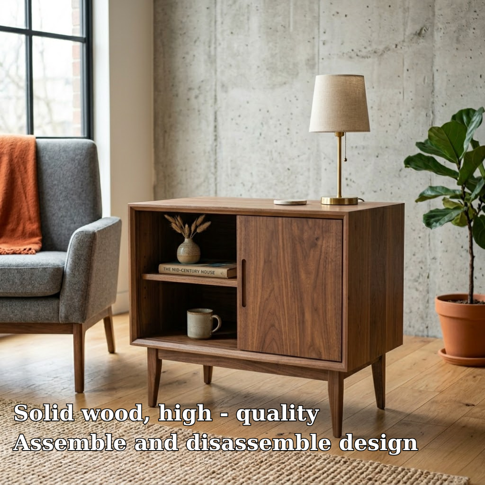 Solid Wood End Table with Sliding Door and Shelf – Mid Century Modern Side Table