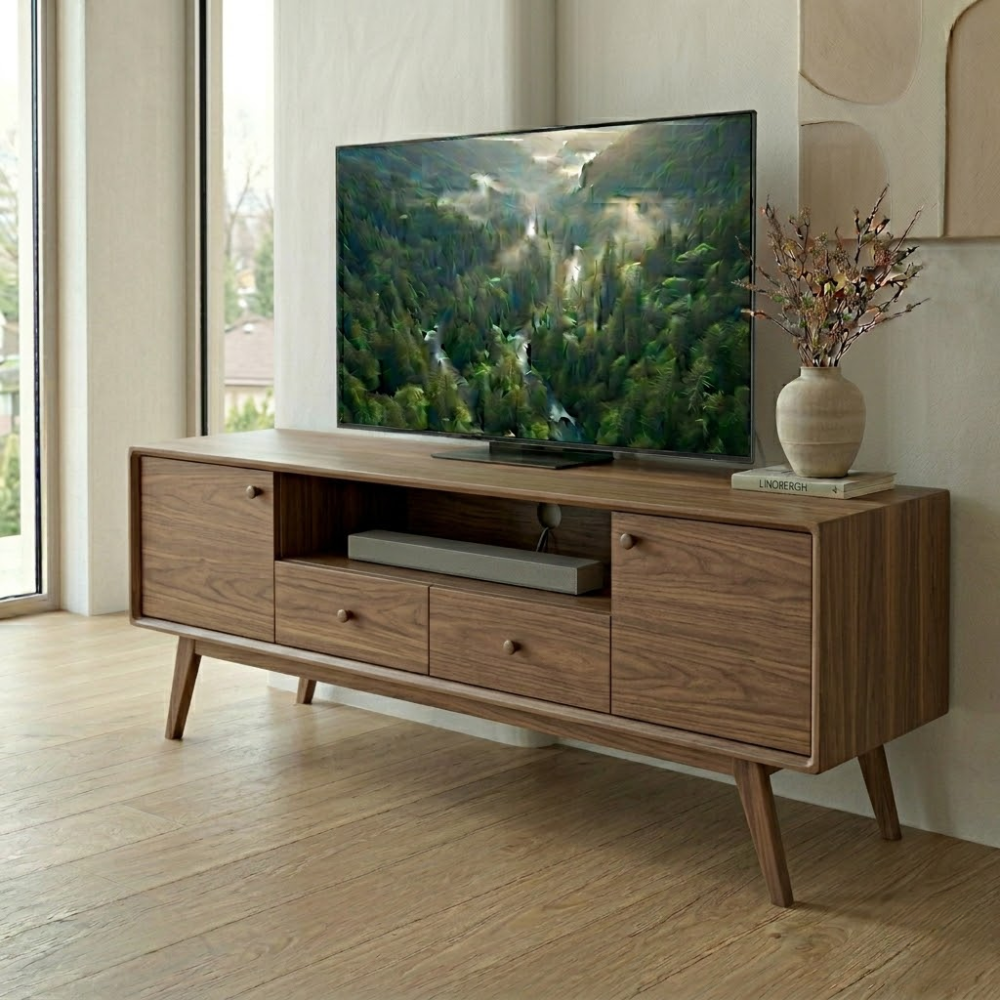Mid Century Solid Wood Media Console – Modern TV Stand with Drawers & Storage
