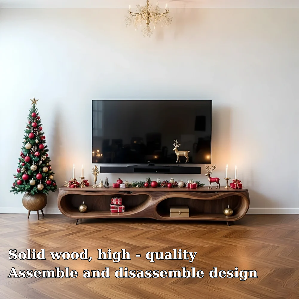 Solid Wood TV Stand Modern Walnut Media Console with Curved Open Storage