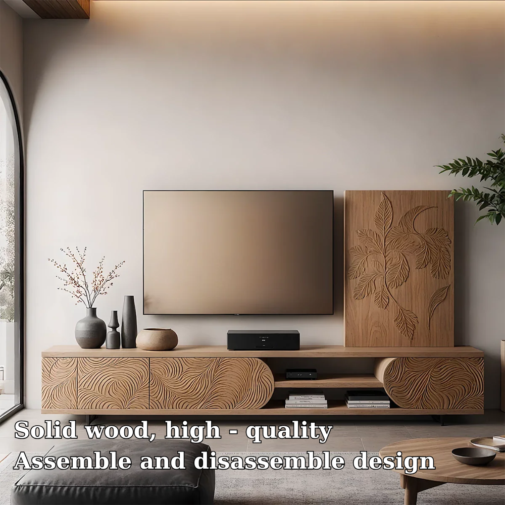 Solid Wood TV Stand Modern Media Console with Carved Front Storage Cabinet