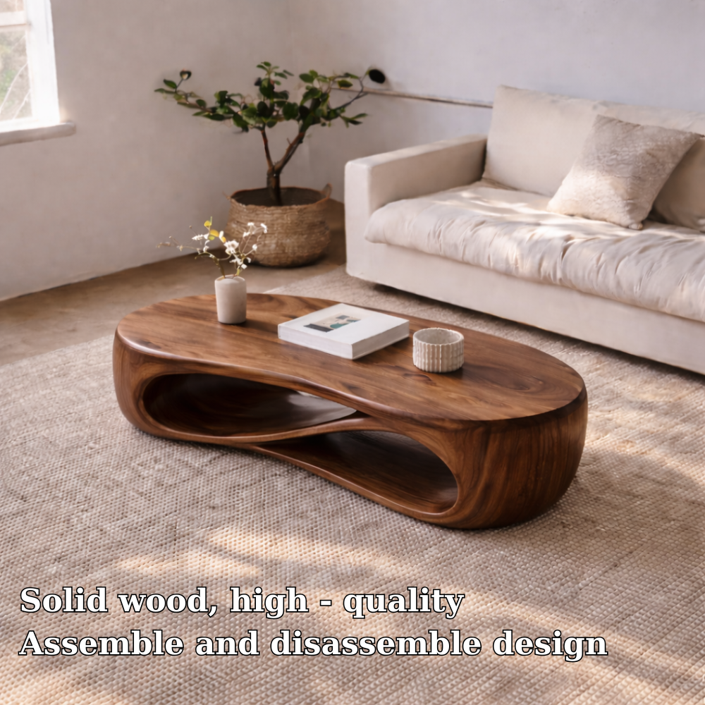 Solid Wood Sculptural Coffee Table with Curved Storage Shelf – Modern Living Room Table
