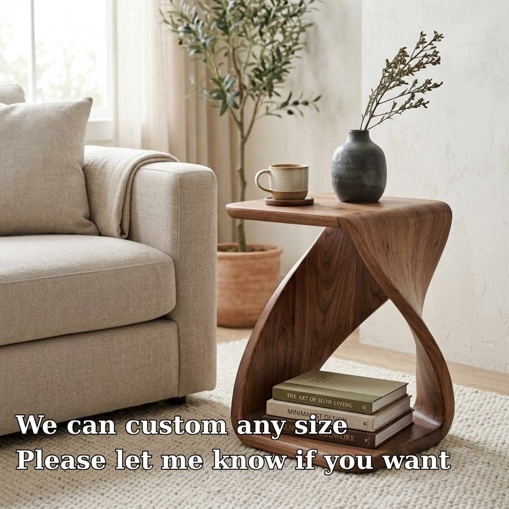 Solid Wood Sculptural End Table with Twisted Base and Storage Shelf