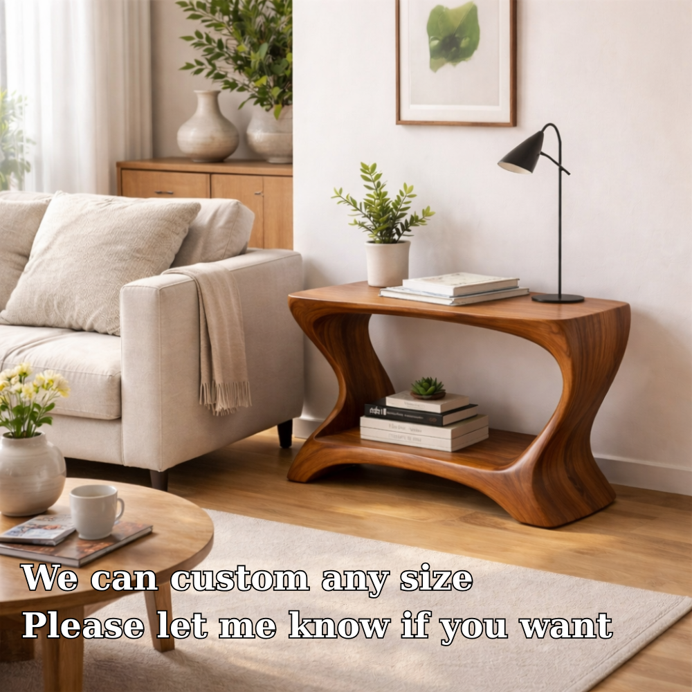 Modern Solid Wood End Table with Shelf – Curved Wooden Side Table for Living Room