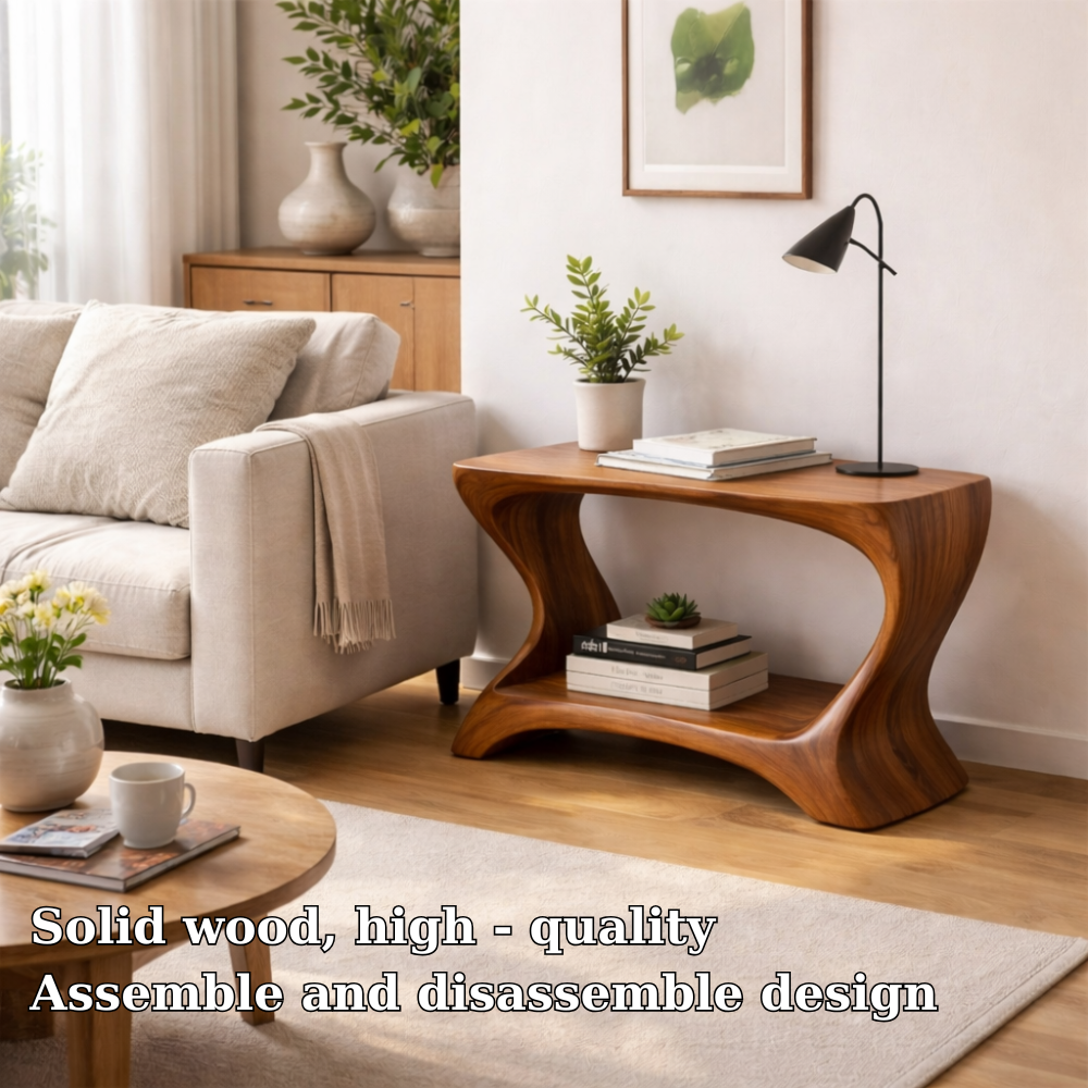 Modern Solid Wood End Table with Shelf – Curved Wooden Side Table for Living Room