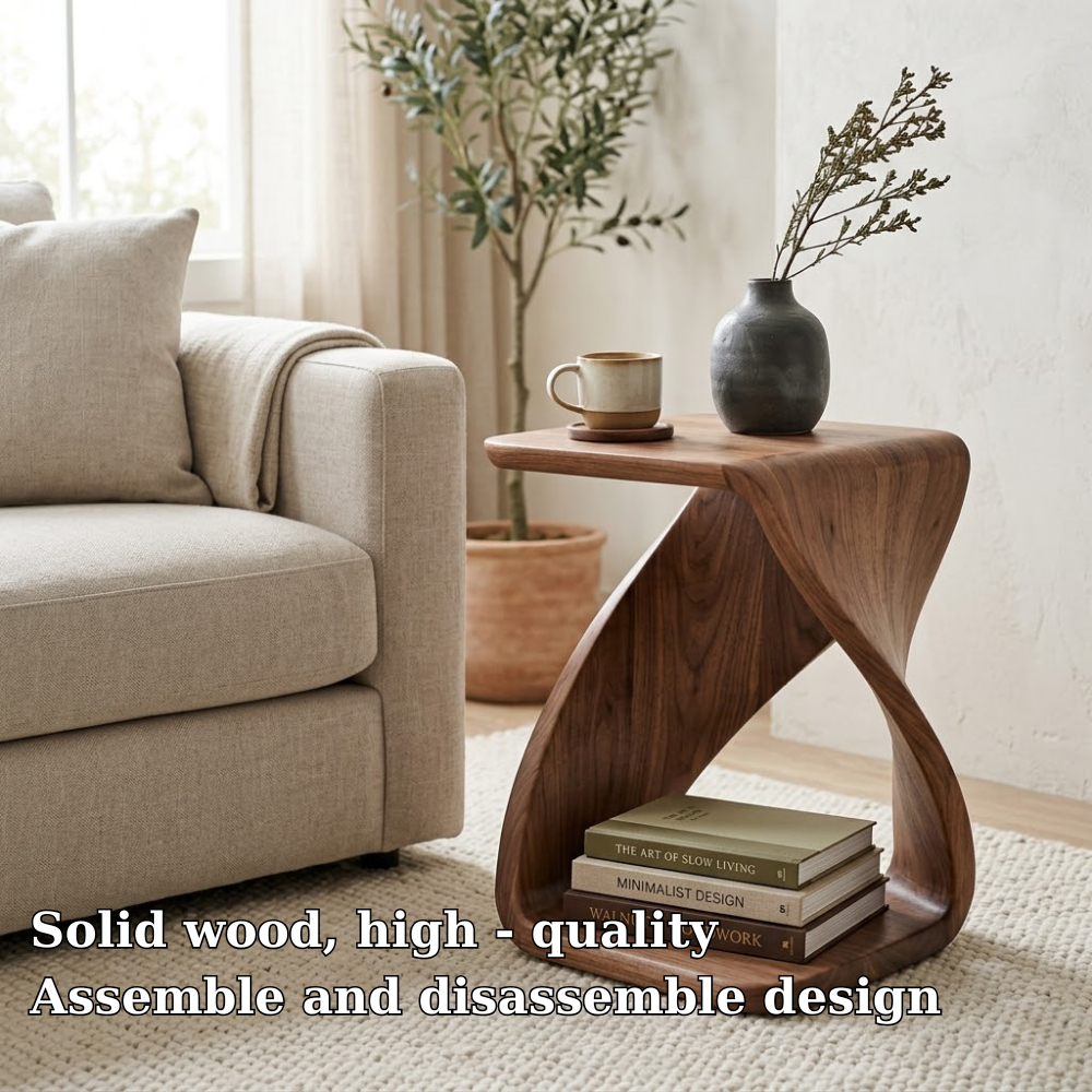 Solid Wood Sculptural End Table with Twisted Base and Storage Shelf