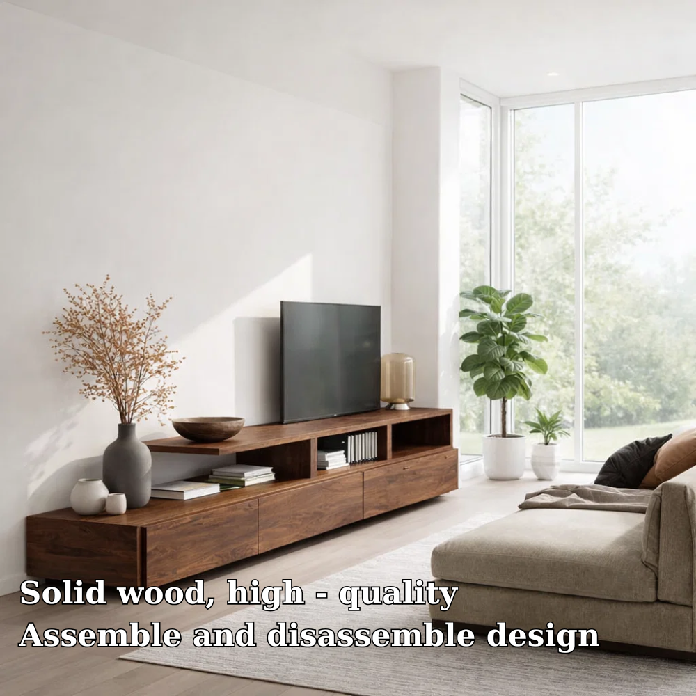 Solid Wood Media Console with Open Shelf & Cabinet Storage, Modern TV Stand