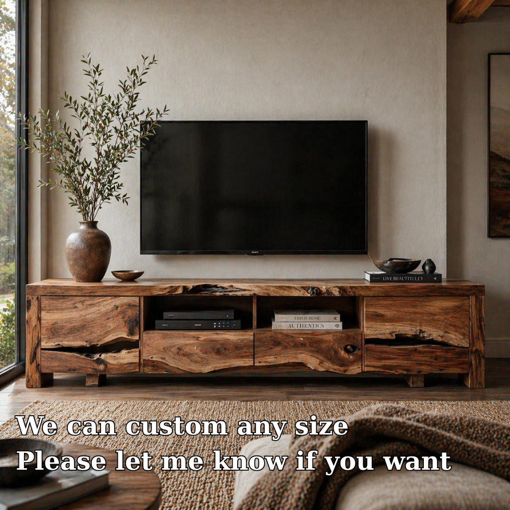 Solid Wood Media Console with Live Edge, Rustic Modern TV Stand with Storage Drawers