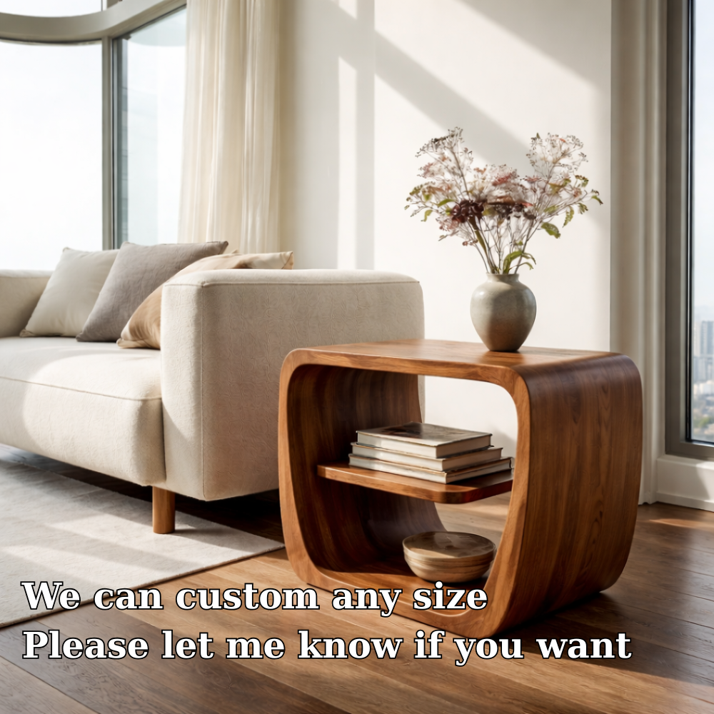 Modern Solid Wood End Table with Storage Shelf – Curved Wooden Side Table for Living Room