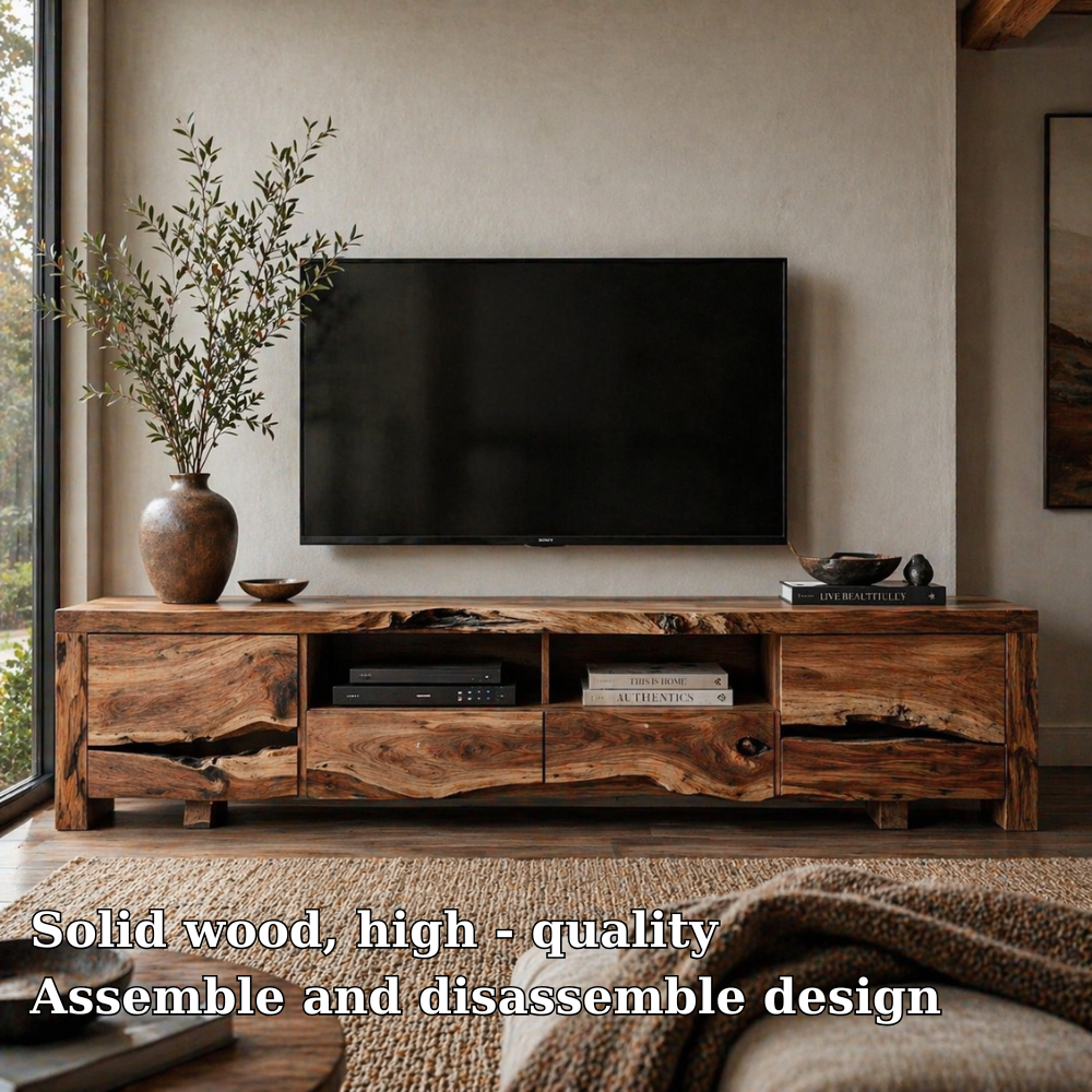 Solid Wood Media Console with Live Edge, Rustic Modern TV Stand with Storage Drawers