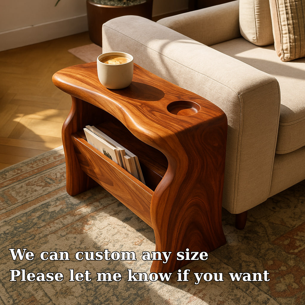 Solid Wood Sofa Armrest Table with Cup Holder and Magazine Storage Side Table