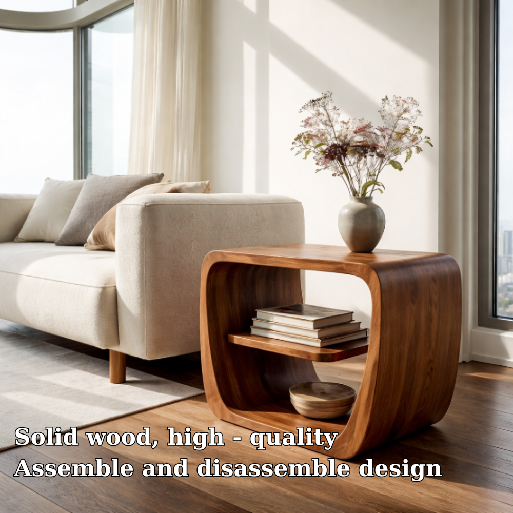 Modern Solid Wood End Table with Storage Shelf – Curved Wooden Side Table for Living Room