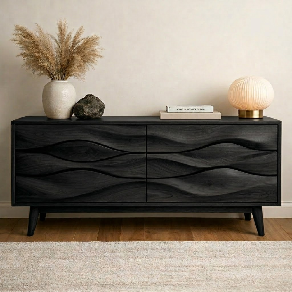 Solid Wood Wave Carved Console Cabinet – Modern Sculptural Sideboard