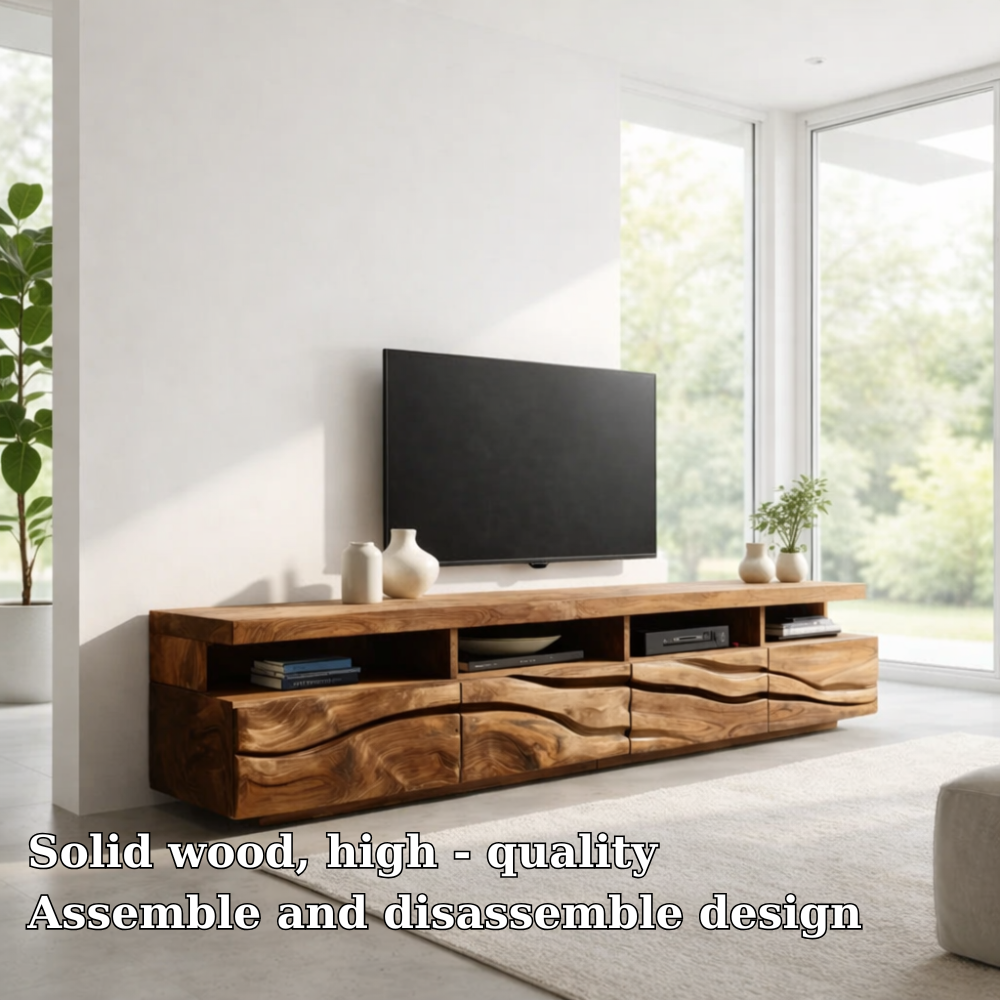 Solid Wood Media Console with Wave Carved Doors, Modern TV Stand Cabinet
