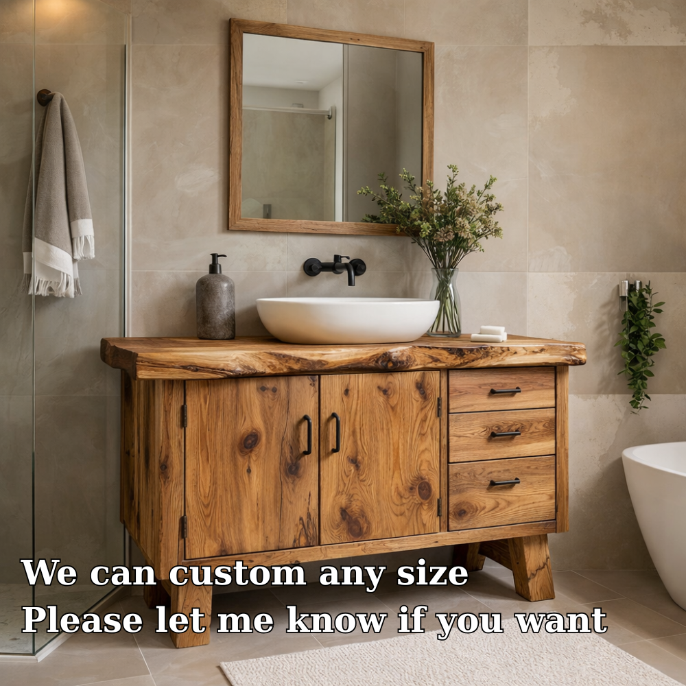 Rustic Solid Wood Bathroom Vanity Cabinet with Drawers & Doors