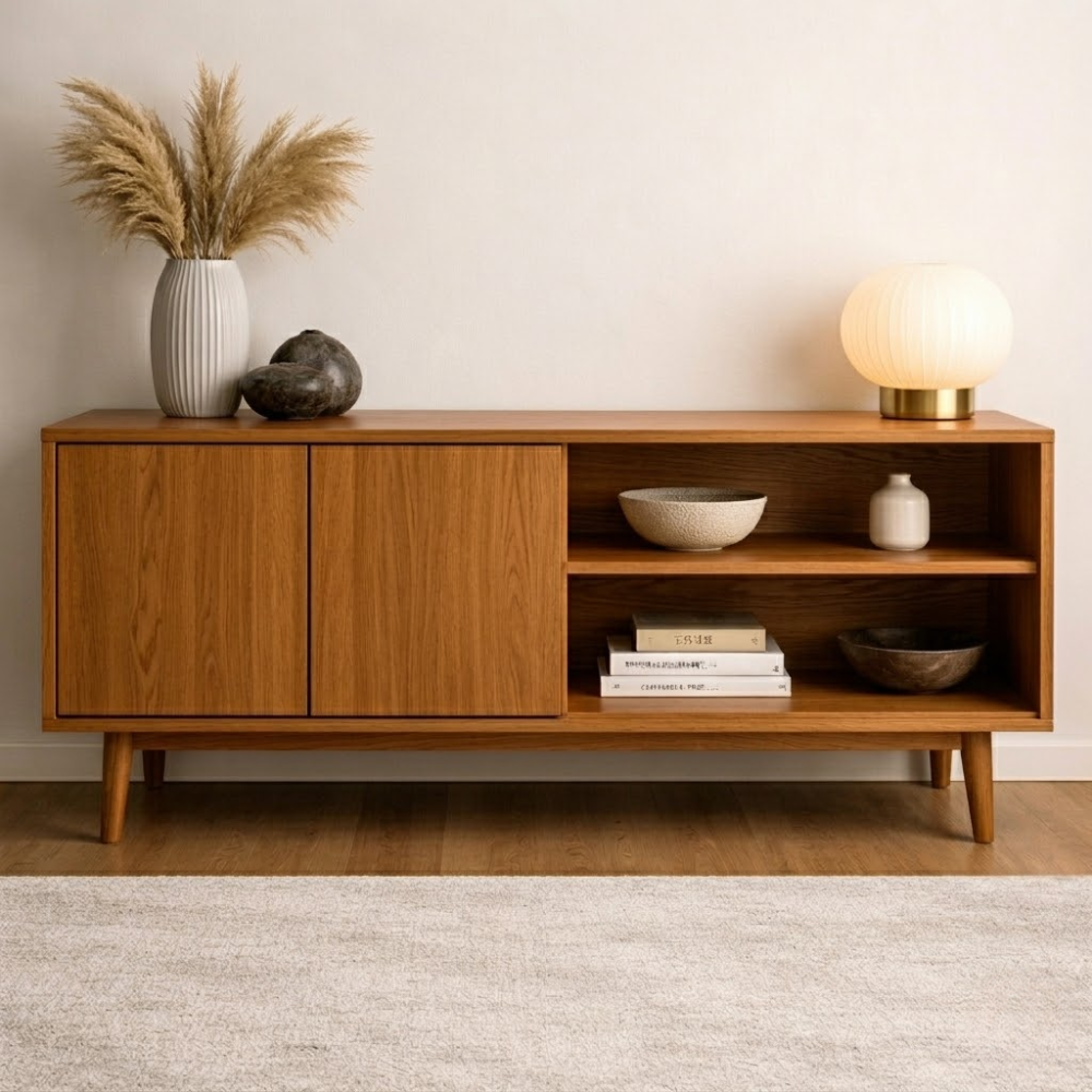 Minimalist Solid Wood Console Cabinet with Sliding Door and Open Shelf