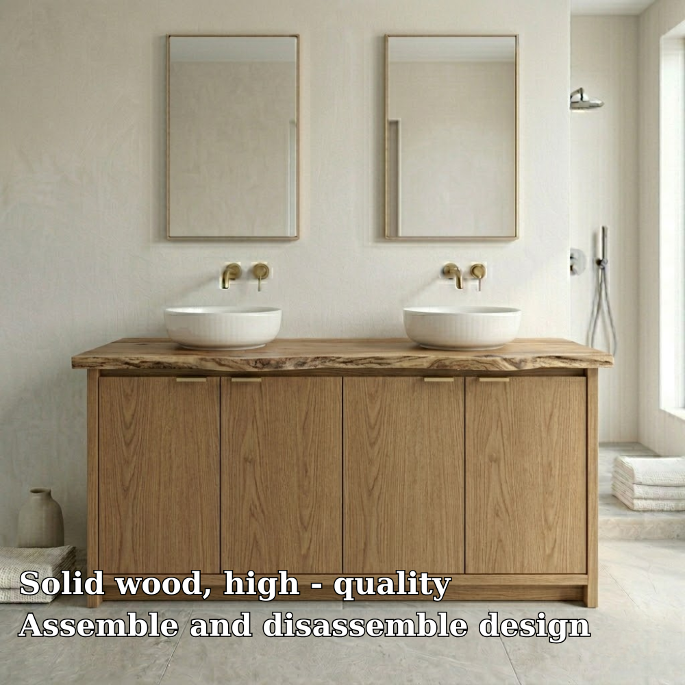 Solid Wood Bathroom Vanity Cabinet Double Sink Base Modern Natural Oak Finish