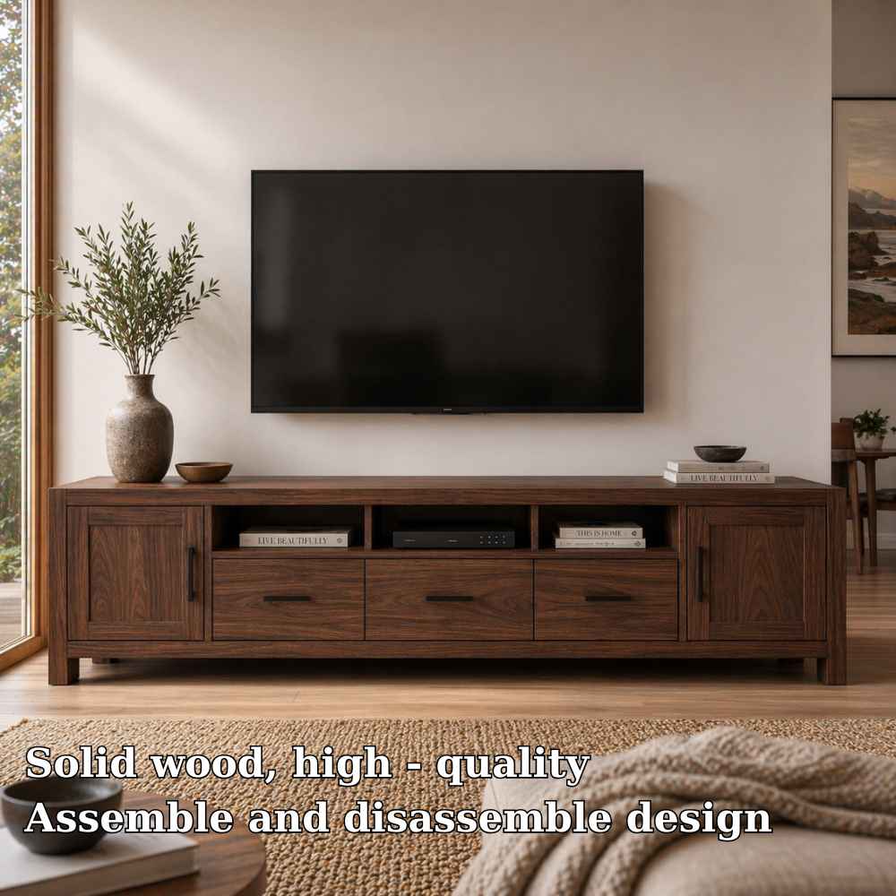 Solid Wood Media Console with Drawers, Modern TV Stand with Storage Cabinets