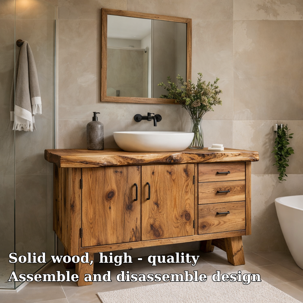 Rustic Solid Wood Bathroom Vanity Cabinet with Drawers & Doors