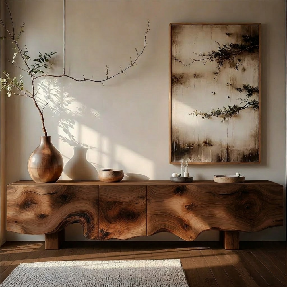 Solid Wood Media Console with Live Edge, Modern Rustic TV Stand Cabinet with Storage