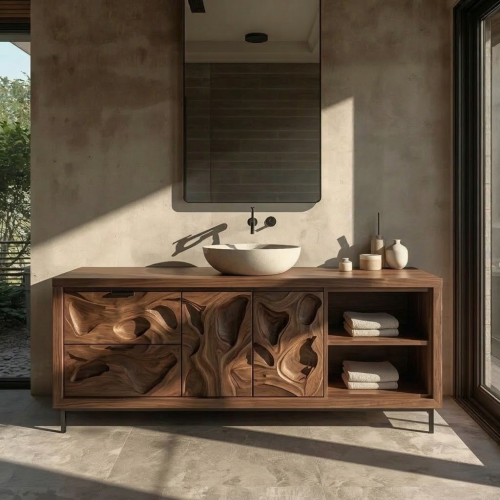 Solid Wood Bathroom Vanity with Sculpted Organic Design – Modern Storage Cabinet