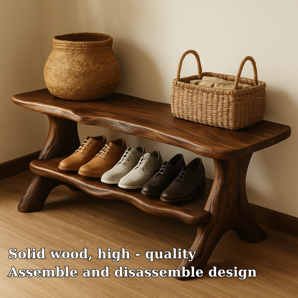 Rustic Solid Wood Shoe Storage Bench – Entryway Wooden Bench with Open Shelf