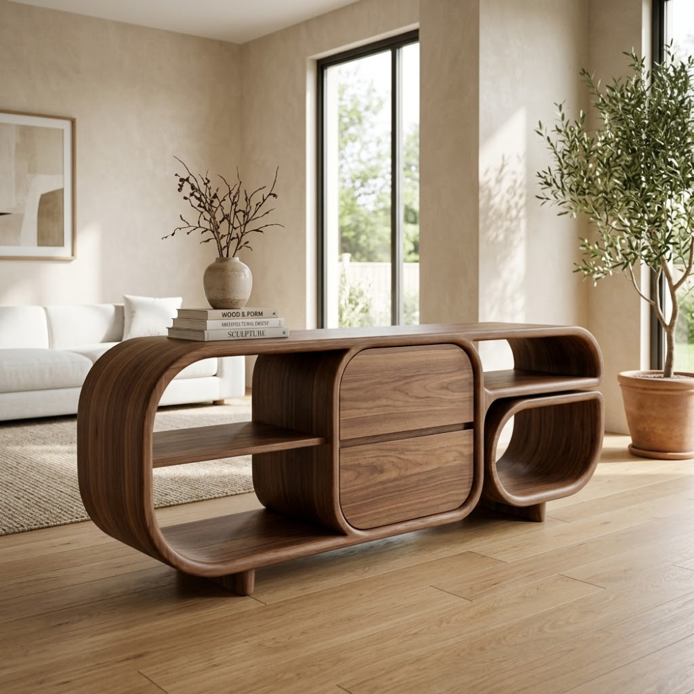 Mid-Century Modern Walnut Console Table - Curved Wood TV Stand with Open Shelving
