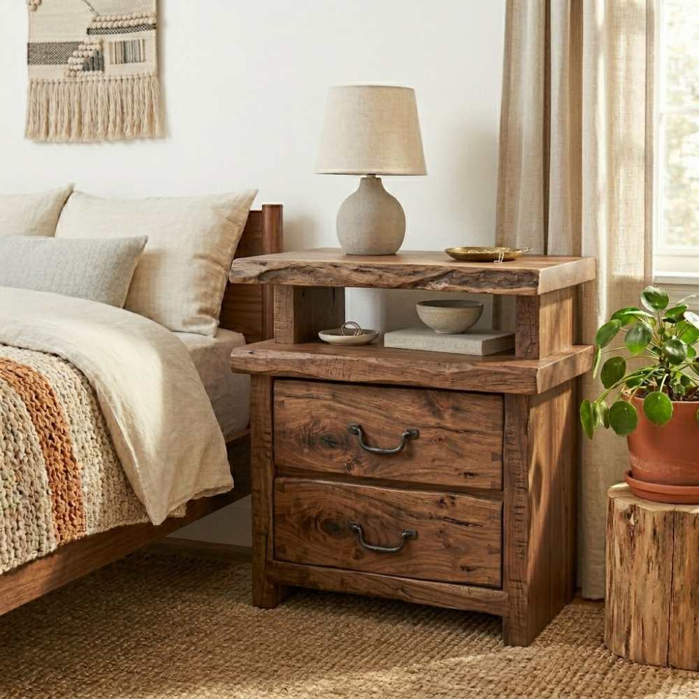 Solid Live Edge Nightstand - Rustic Industrial Table with Hand-Forged Handles