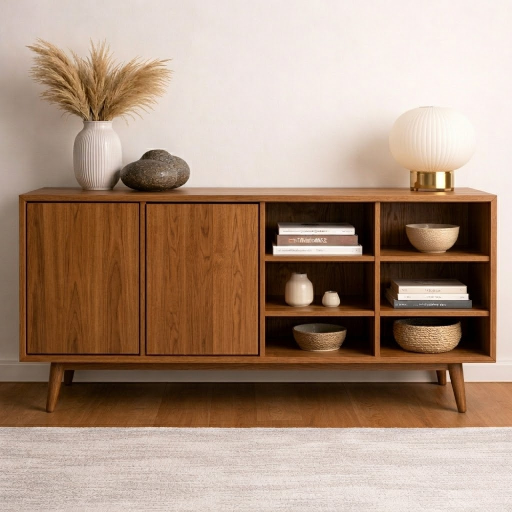 Modern Walnut Console Cabinet with Doors and Open Display Shelving