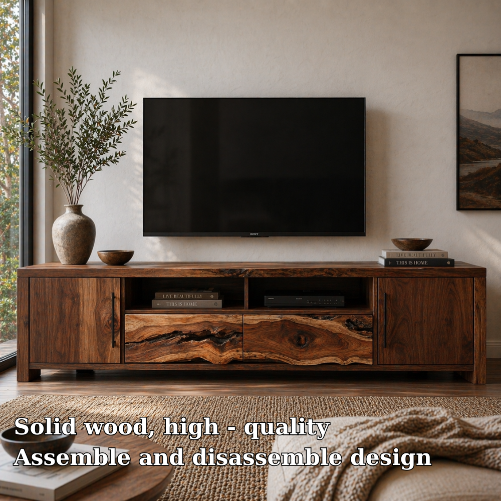 Solid Wood Media Console with Live Edge, Rustic Modern TV Stand with Storage Doors