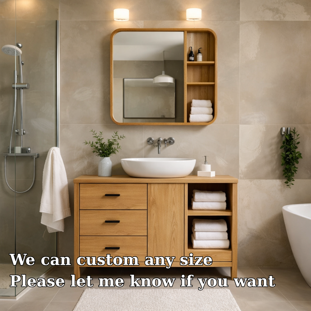 Solid Wood Bathroom Vanity Cabinet with Open Shelves & Drawers – Modern Design