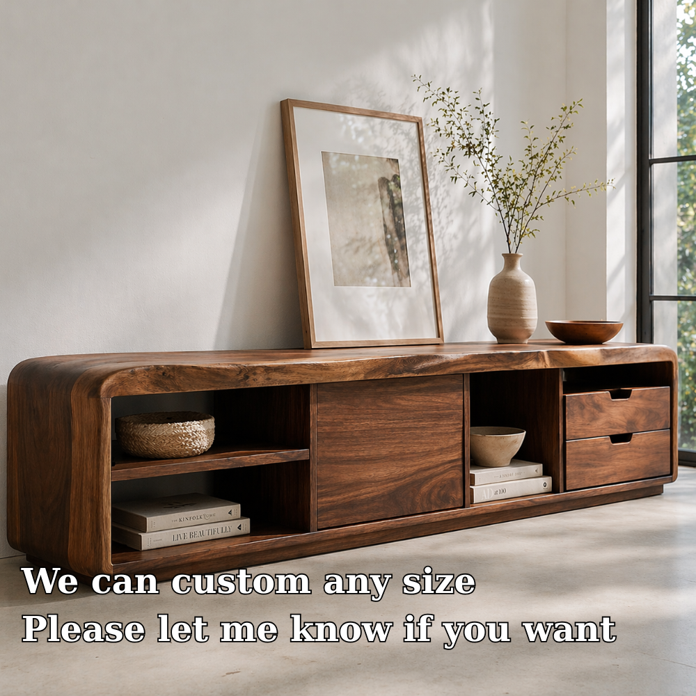 Solid Wood Media Console with Rounded Edges, Modern Low TV Stand with Storage