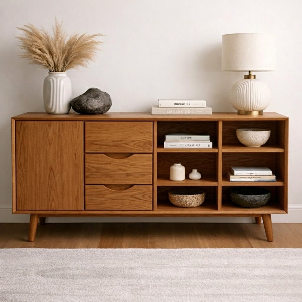 Modern Console Cabinet with Drawers, Door and Display Shelves