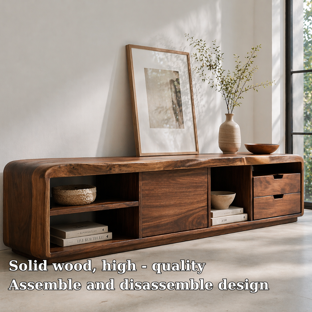 Solid Wood Media Console with Rounded Edges, Modern Low TV Stand with Storage