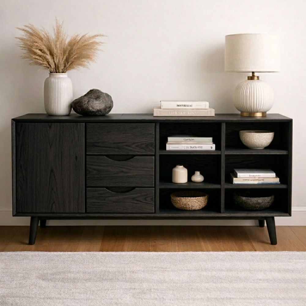 Modern Console Cabinet with Drawers, Door and Display Shelves