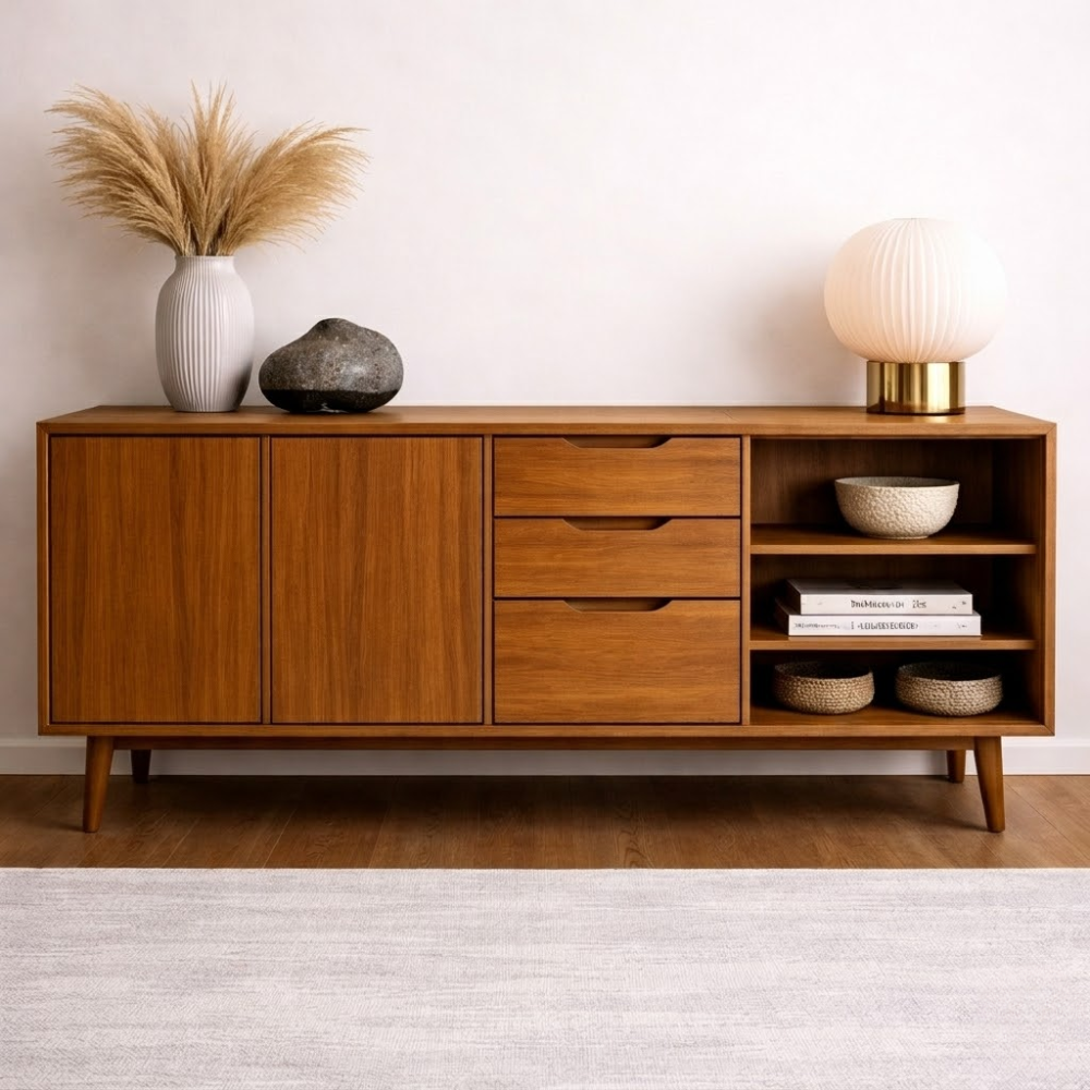 Mid-Century Solid Wood Console Cabinet with Drawers, Doors and Open Shelf