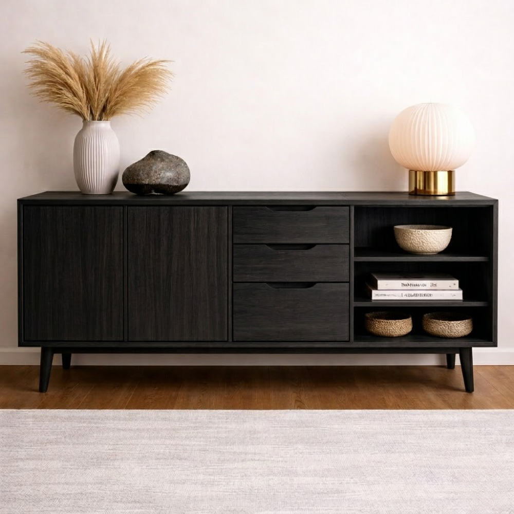 Mid-Century Solid Wood Console Cabinet with Drawers, Doors and Open Shelf