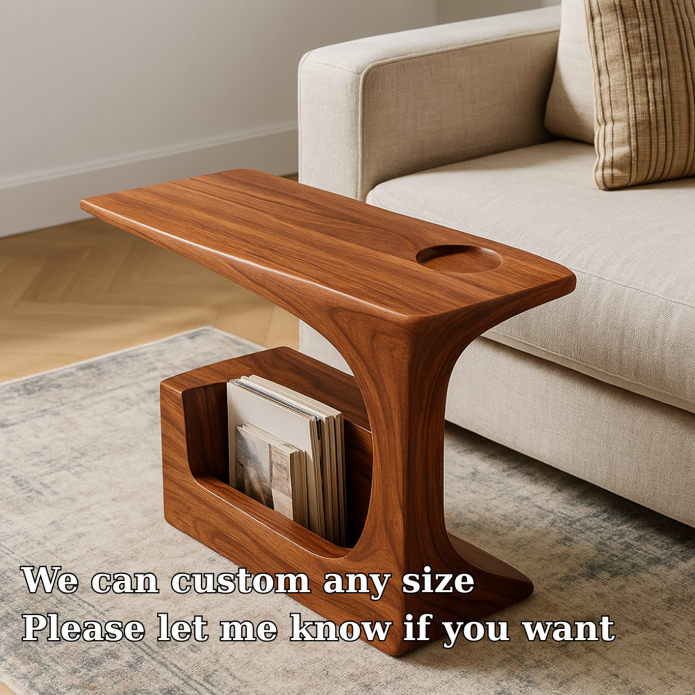 Solid Wood Sofa Armrest Table with Cup Holder and Magazine Rack Side Table