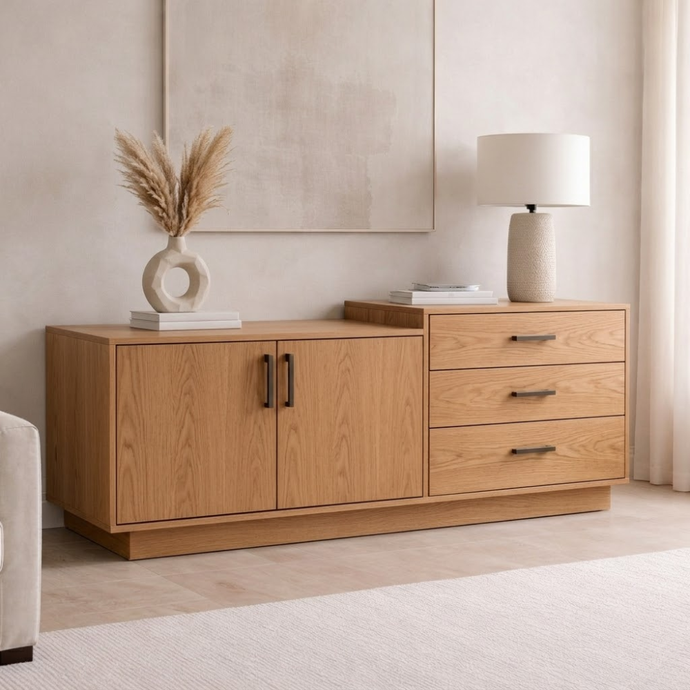 Solid Wood Sideboard Cabinet with 3 Drawers and Double Door Storage