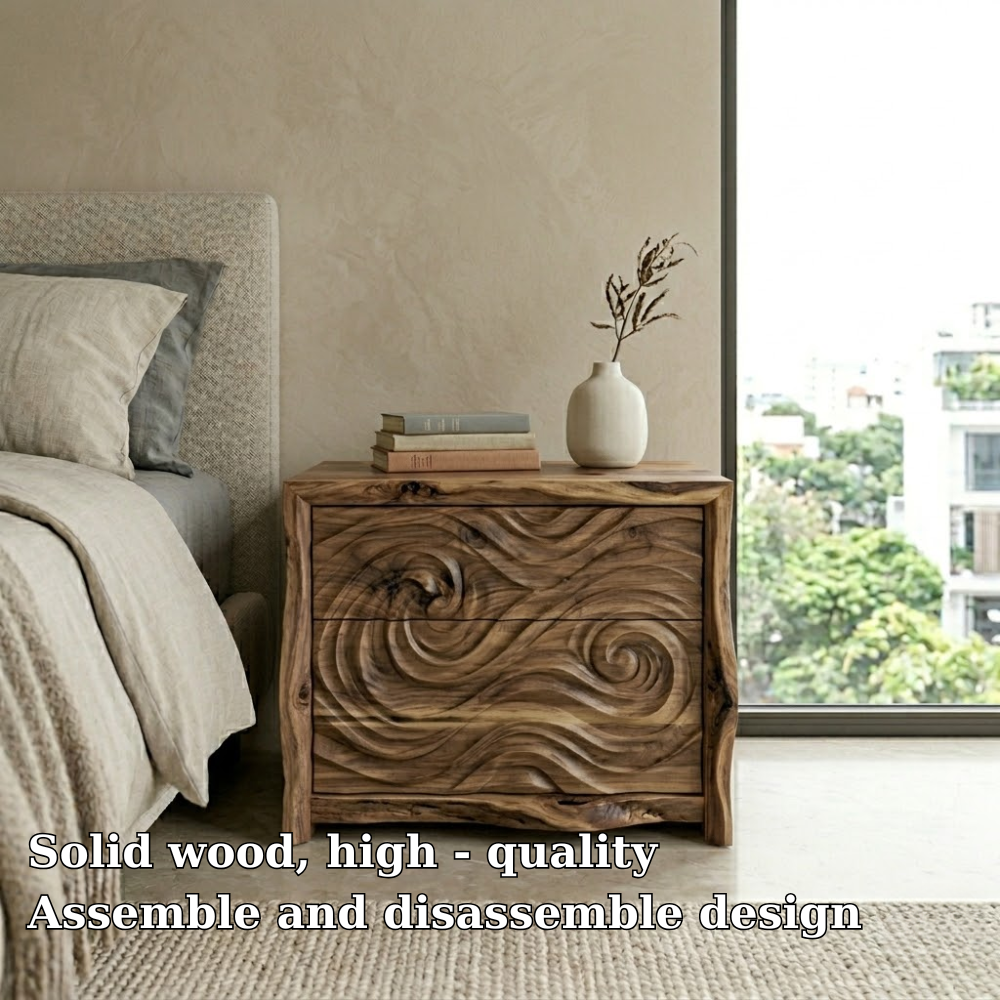 Hand-Carved Wave Wood Nightstand | Organic Modern Bedside Table