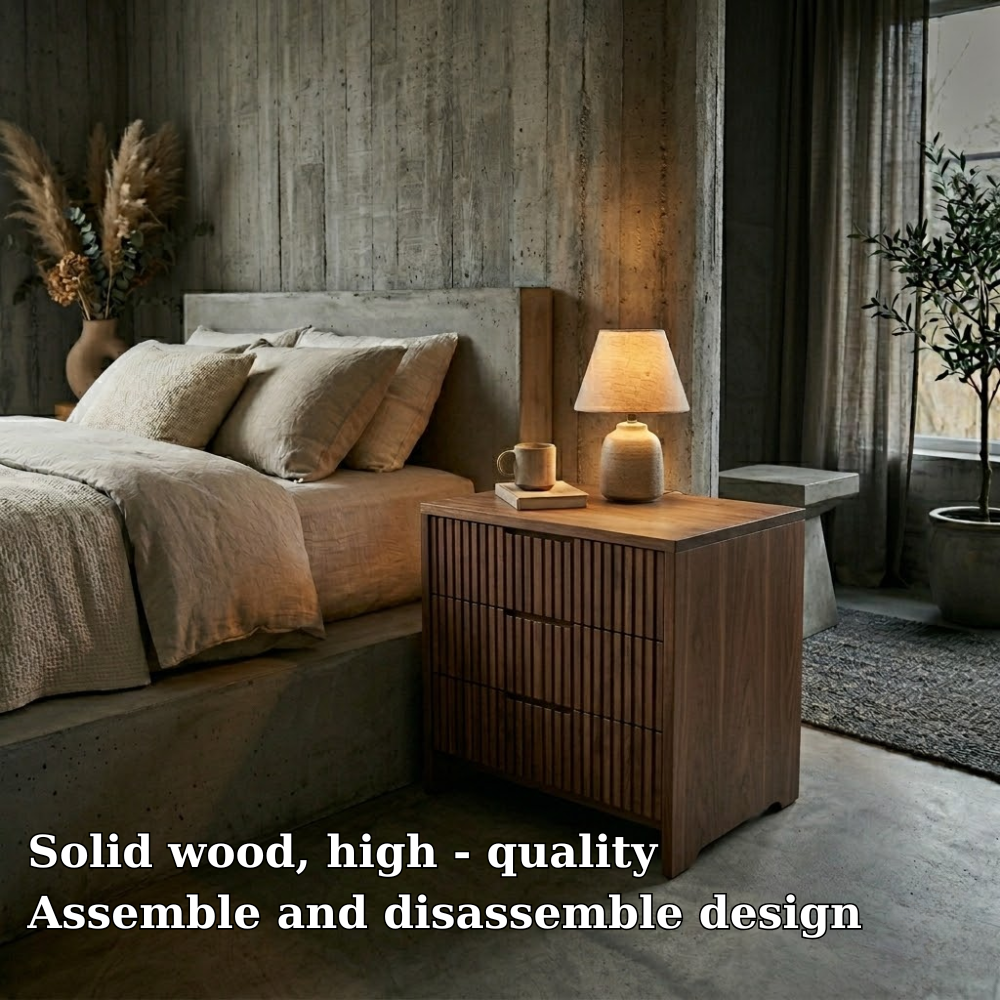 Solid Wood Nightstand with 3 Drawers – Modern Slatted Bedside Table Storage