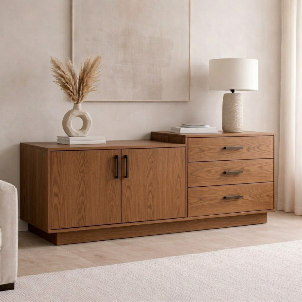 Solid Wood Sideboard Cabinet with 3 Drawers and Double Door Storage